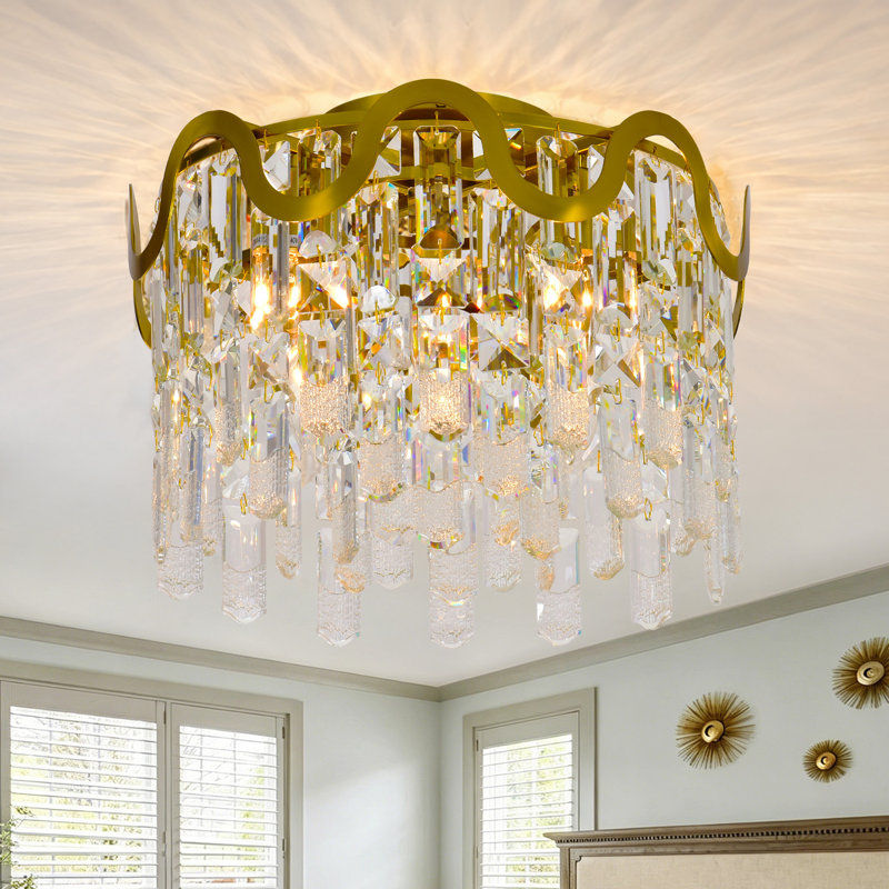 Plafonnier moderne encastré en cristal K9 doré de 38 cm (15 po), lustre à 5 lumières près du plafond, lampe de plafond ronde en cristal plaqué cuivre pour chambre, salle à manger, couloir, cuisine, entrée