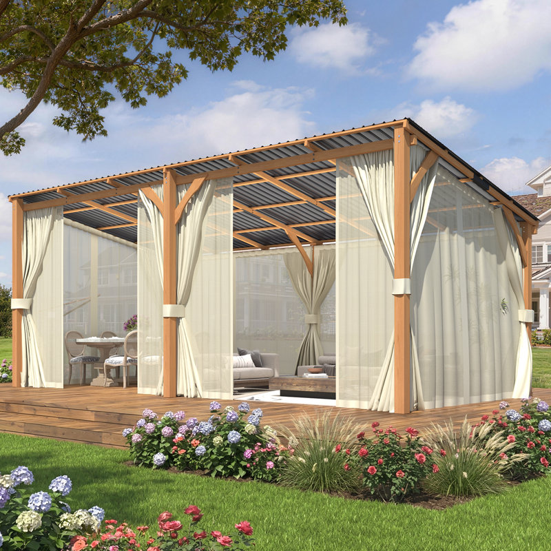 Outdoor Wooden Lean To Hardtop Pergolas And Gazebos With Curtains And Mosquito Netting, 96.5" H x 234" W x 115" D