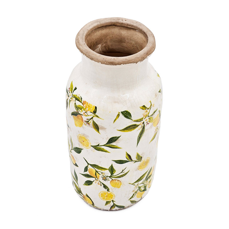 White Ceramic Vase with Yellow Lemon Motif, 11.8'' H X 5.7'' W X 5.7'' D
