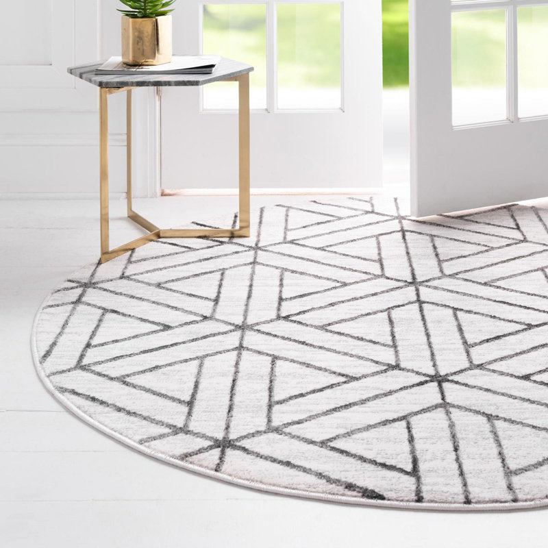 Tapis ivoire / gris à motif géométrique Rochele, Rond 7 pi