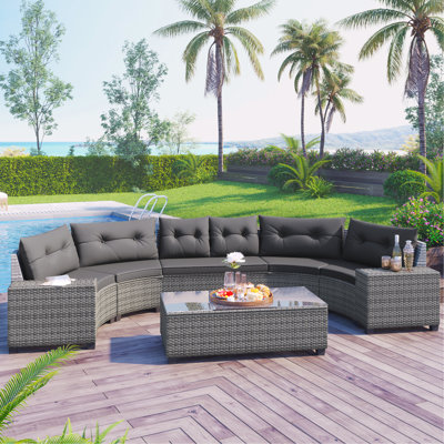 Ensemble de jardin 8 pièces, demi-lune incurvée, résistant aux intempéries, PE, coussins gris, table basse, coussins épais en mousse, fixation par ventouses sur plateau en verre