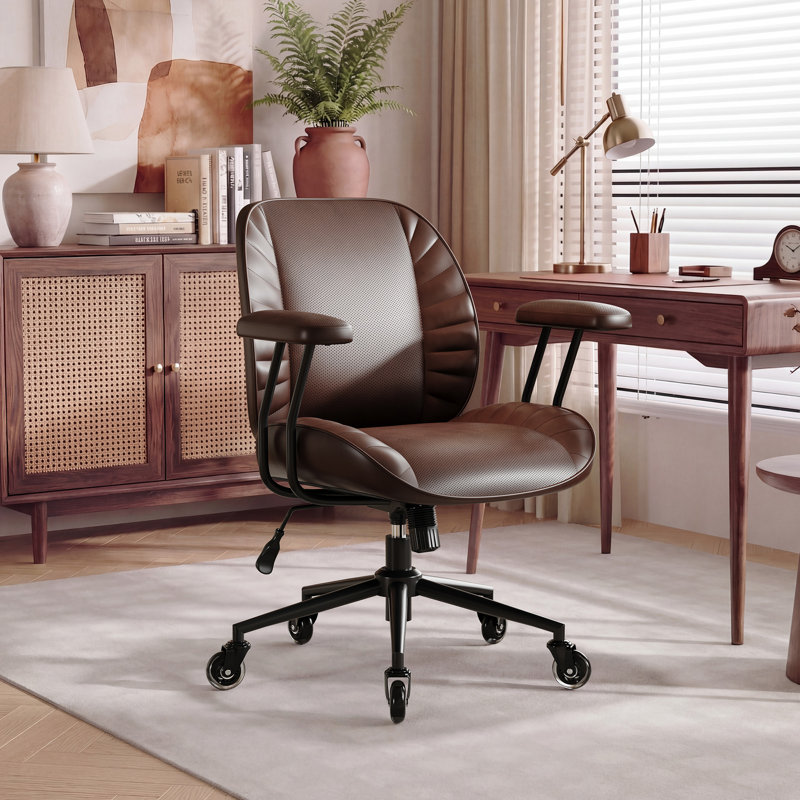 Modern Mid-Back Faux Leather Office Chair with Adjustable Height, Brown