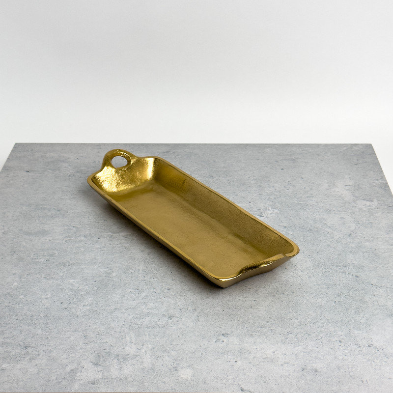 Plateau rectangulaire en aluminium texturé avec poignées, Doré