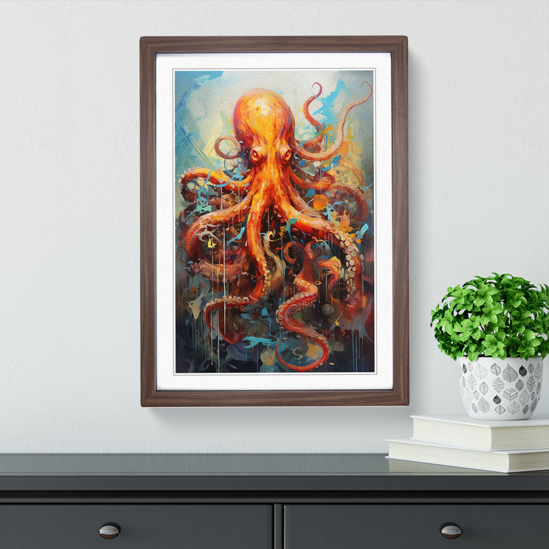 Octopus Expressionism - Single Picture Frame Print on Wood, Walnut Framed, 64cm H x 46cm W x 2cm D