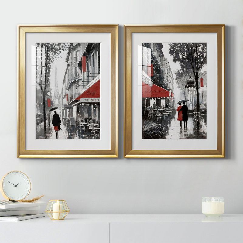 «Rainy Paris I», ensemble de 2 reproductions d'art, H 30,5 po x l 85 po x P 1,5 po, Papier encadré doré, Blanc