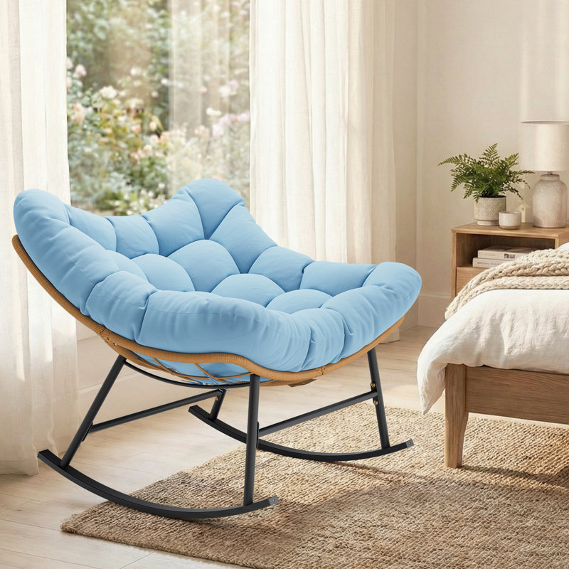 Chaise berçante d'extérieur / d'intérieur en rotin avec coussin épais, Bleu