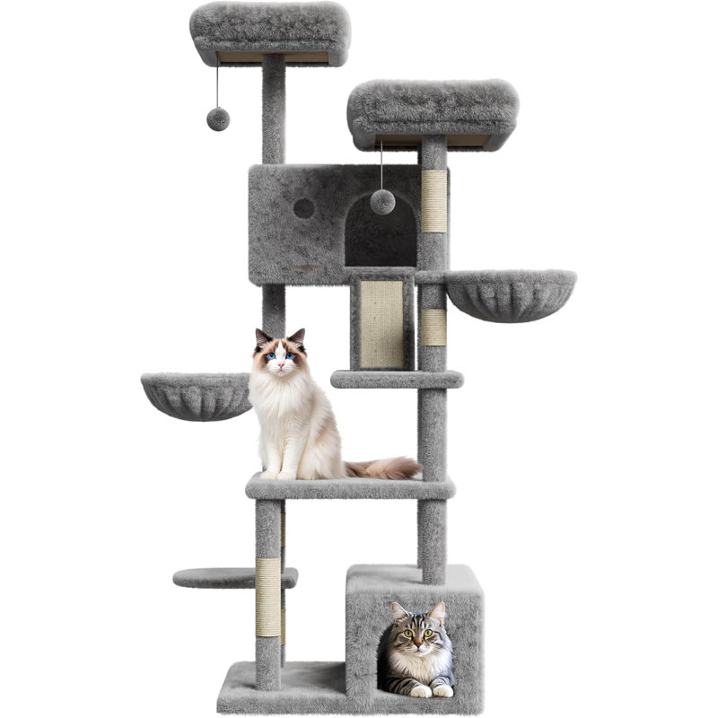 Grand arbre à chat 66 po multi-niveaux, tour à chat robuste, Gris