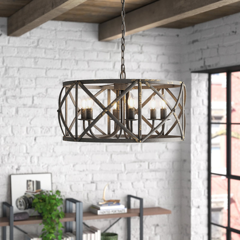 6 - Light Dimmable Lantern Drum Chandelier, Antique Black Iron