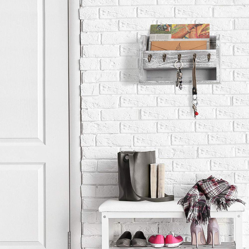 Porte-clés mural avec porte-clés et rangement pour courrier Bibb, Gris rustique