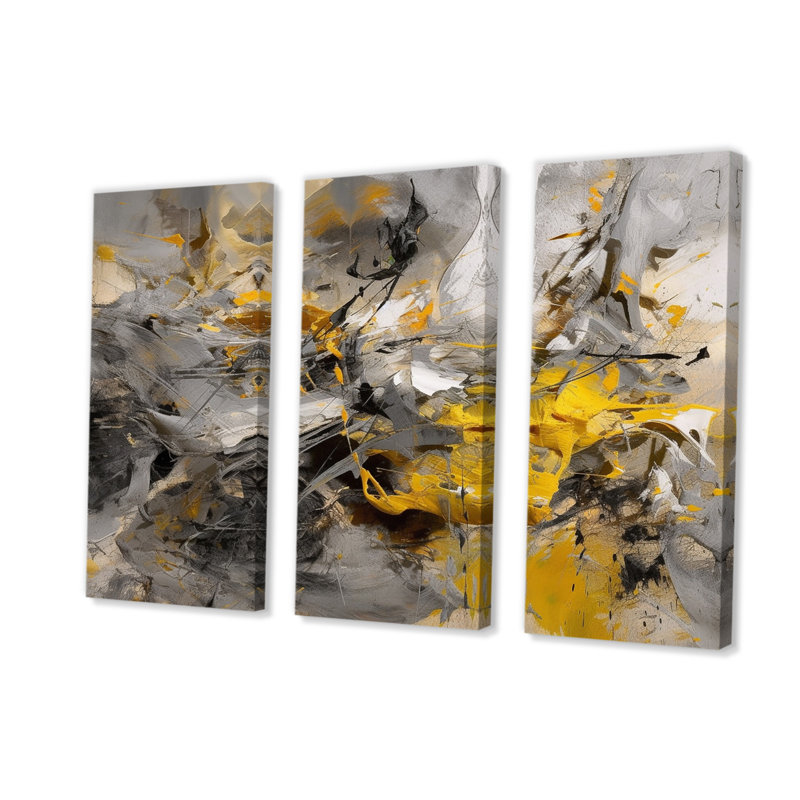Bliss Of Happiness en gris et jaune I 3 pièces, H 28 po x l 36 po x P 1 po