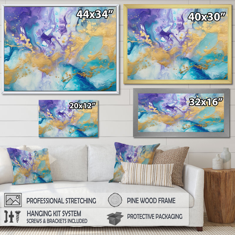 Impression sur toile turquoise et mauve liquide IV - Fractals, Cadre simple noir, H 24 po x l 32 po x P 1 po