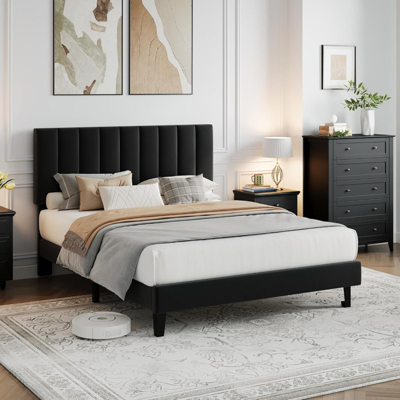 Upholstered Platform Bed with Velvet and Striped Headboard, Full Size/Black