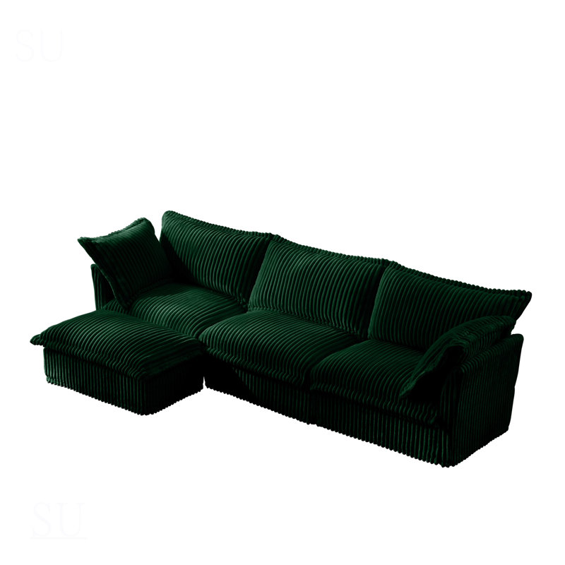 L-Shaped Slipcovered Sectional Sofa, Comfy Deep Seat With Convertible Ottoman & Pillows, Modern 3 Seater Corduroy Couch For Living Room