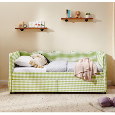 Lit de jour simple en vichy douillet avec deux tiroirs de rangement, avec port USB et adorable tissu en forme de vague