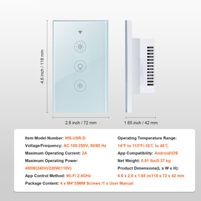 Interrupteur variateur intelligent Wi-Fi, 100-250 V CA, Wi-Fi 2,4 GHz, variation progressive de l'intensité lumineuse DEL de 15 % à 85 %, panneau tactile, commande vocale par application, compatible avec Alexa et Google Home.
