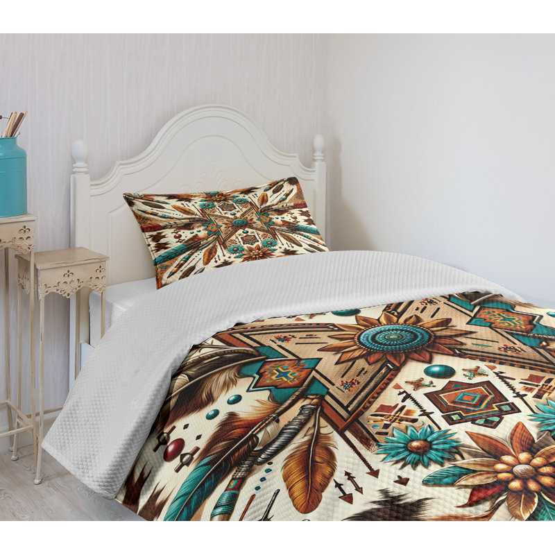 Twin White and Multicolor Aztec Inspired Bedspread Set
