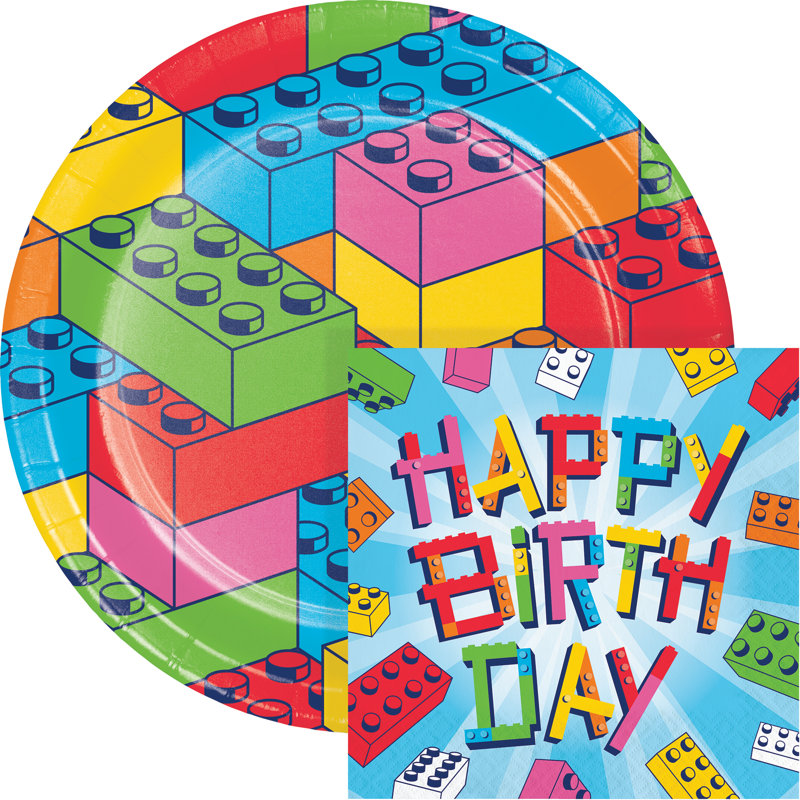 Block Bash Toy Blocks Birthday Plates and Napkins Set, Serves 16.