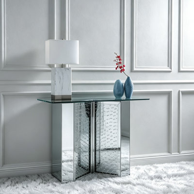 Table console en verre miroir incrustée de faux strass, 45 po, table d'appoint décorative glamour