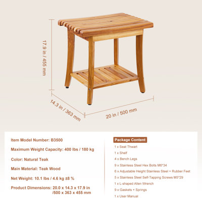 Banc de douche en bambou, 48,5 x 28,7 x 46,5 cm, capacité de charge de 150 kg, siège de bain/spa imperméable avec étagère de rangement, conçu pour les adultes, les aînés et les personnes âgées, pour une utilisation intérieure et extérieure.