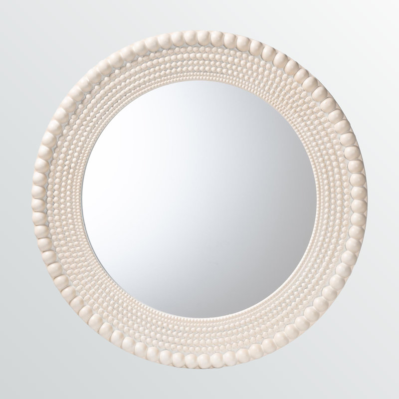 Morris Round Beaded-Framed Accent Mirror In White Finish, 31.98" H X 31.98" W X 1.29" D