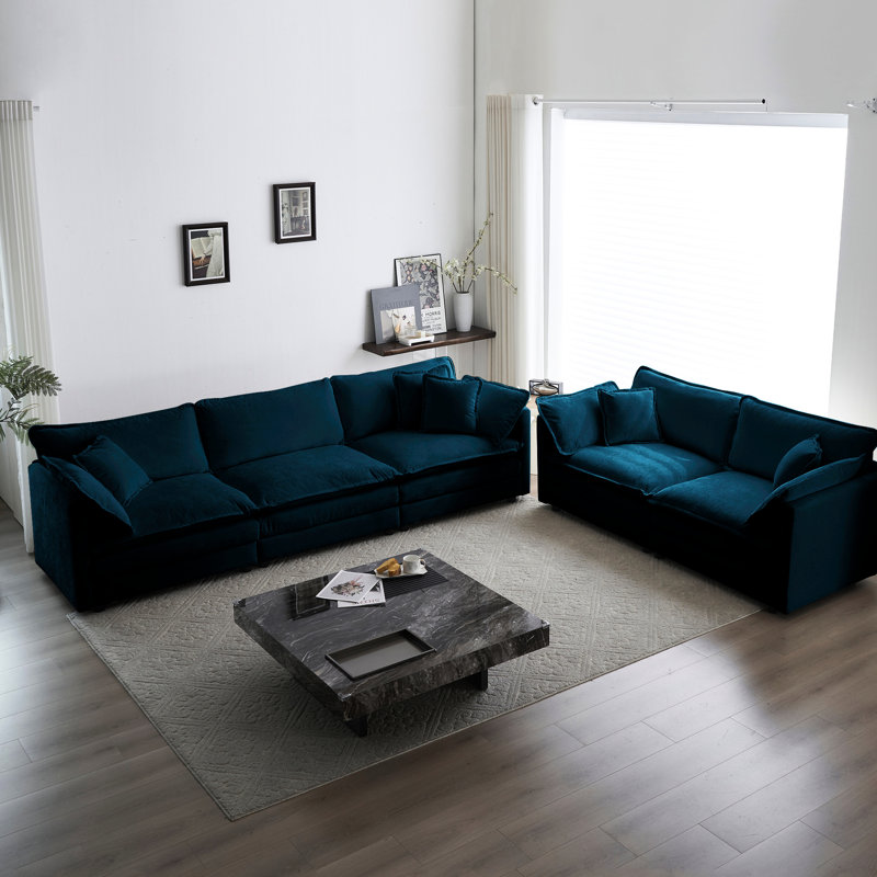 Canapé bleu 2 places + 3 places, salon profond, éponge et structure en bois moderne, chenille, confort
