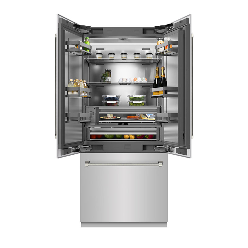 ZLINE Autograph 36 in. French Door Refrigerator with Stainless Interior and Nickel Helix Handles, Polished Nickel