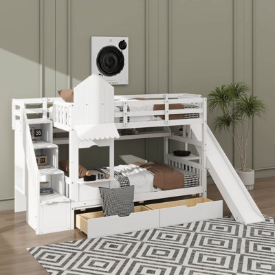 Lit superposé d'inspiration château, lit en bois avec 2 tiroirs et 3 tablettes, avec glissade et marches de rangement