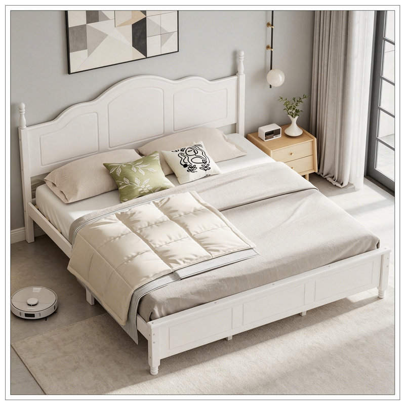 Base de lit plateforme très grand avec tête de lit rétro Wave, Blanc