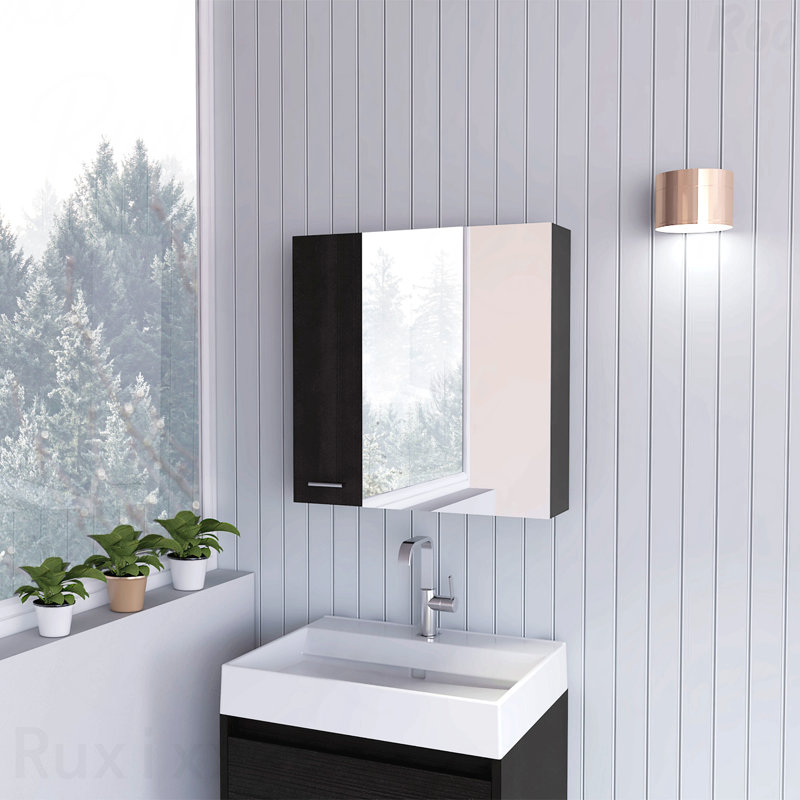 Armoire à pharmacie à miroir, avec quatre tablettes internes, double porte, rangement minimaliste pour la salle de bain, Noir
