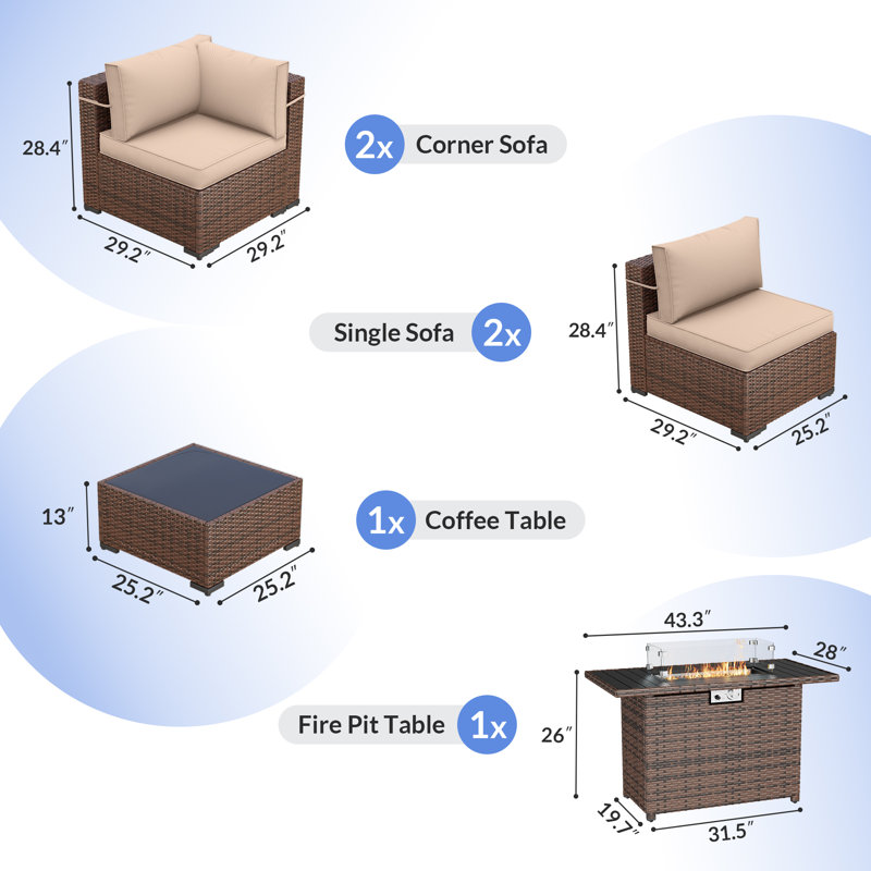 Babak Rattan Sectional Conversation Sets With Fire Pit Table, Coffee Table, Khaki, 4