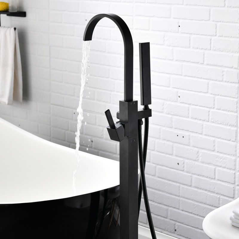 Bathroom Floor Mount Bathtub Faucet With Handheld Shower - Black Matte Finish Curved And 1/2 Thread