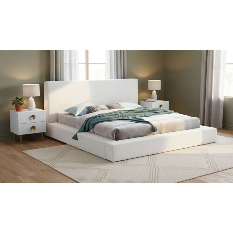 Issaias Upholstered Panel Storage Bed, King, White Boucle Fabric