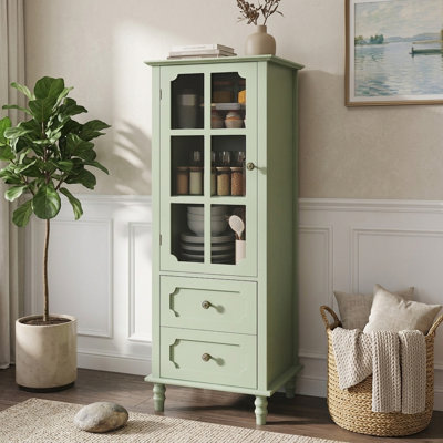 52.36" Minimalism Modern Freestanding Buffet Cabinet with Glass Doors Double Drawer Mint Green Mdf