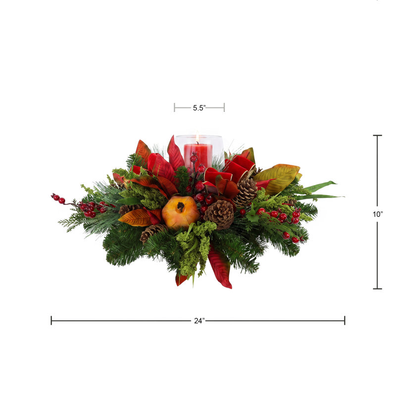 Holiday Candleholder Arrangement with Evergreens and Pinecones