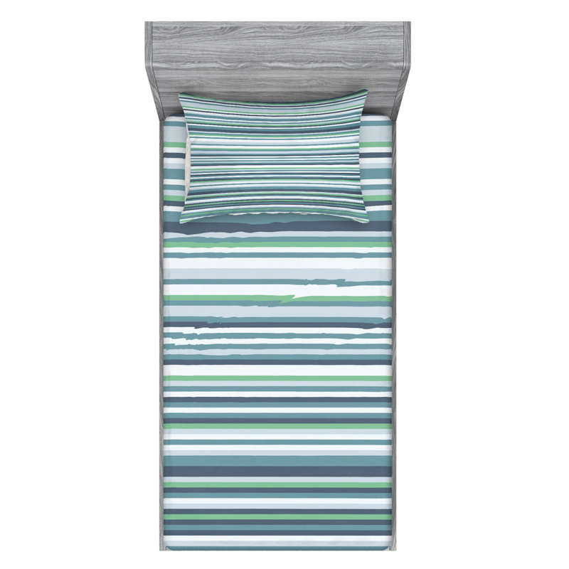 Microfiber Striped Sheet Set, Twin XL Sheet Set + Fitted Sheet + 2 Pillowcases, Blue/Green/Gray Striped