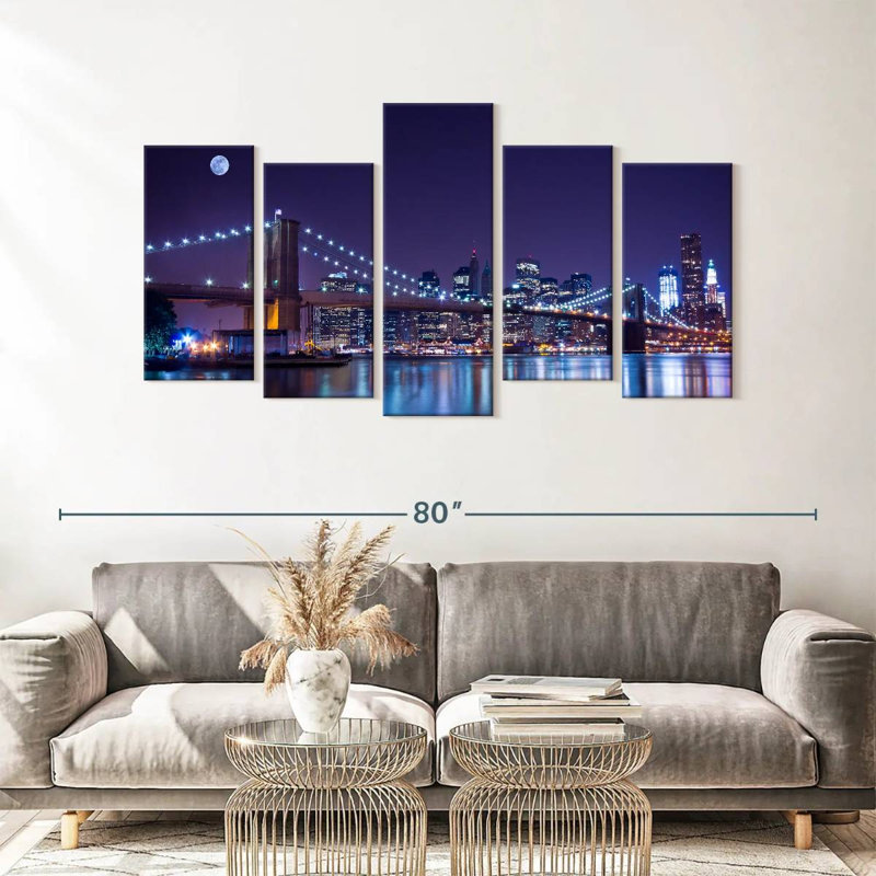 Brooklyn Bridge Glow Wall Art, impression sur toile, 5 pièces, H 33 po x l 66 po x P 1,25 po