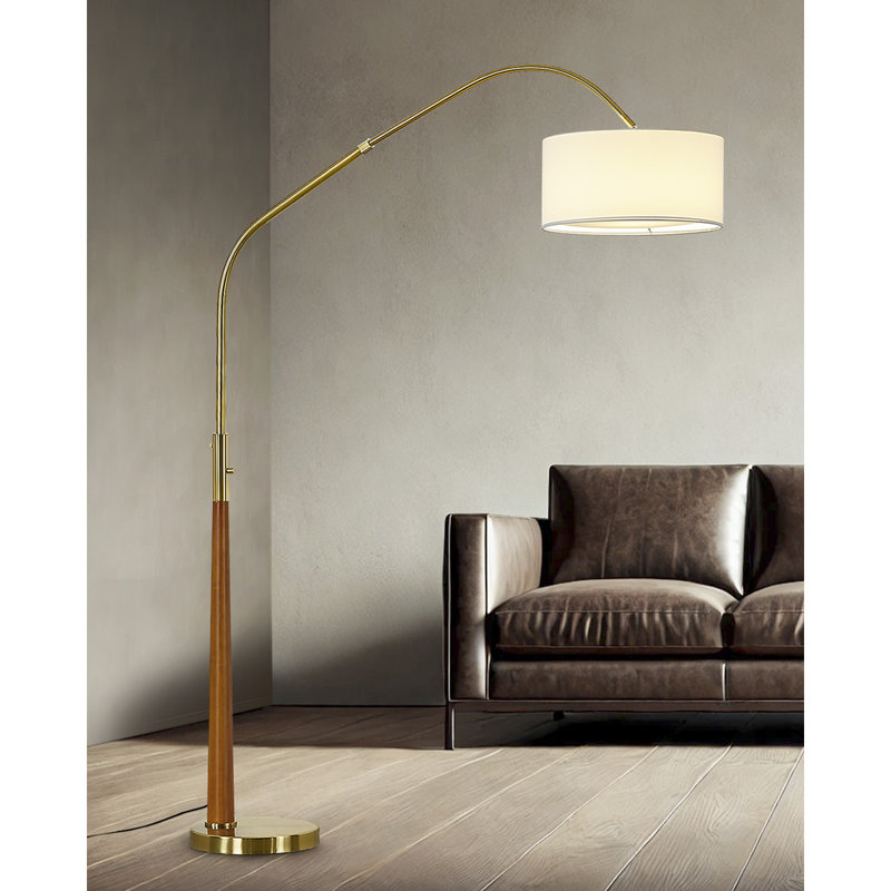 Everly Quinn Quelia 81" Solid Wood Arched Floor Lamp With Dimmable Led Bulb, Brushed Brass, White