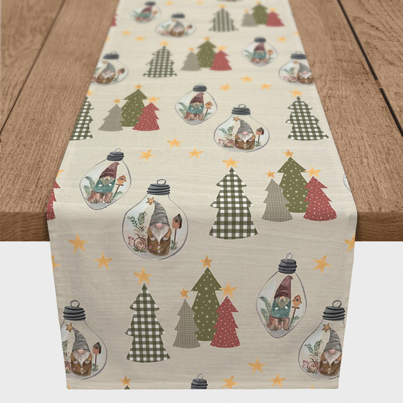 Gray Tree And Globe Pattern Table Runner, Cream, 90" x 16"