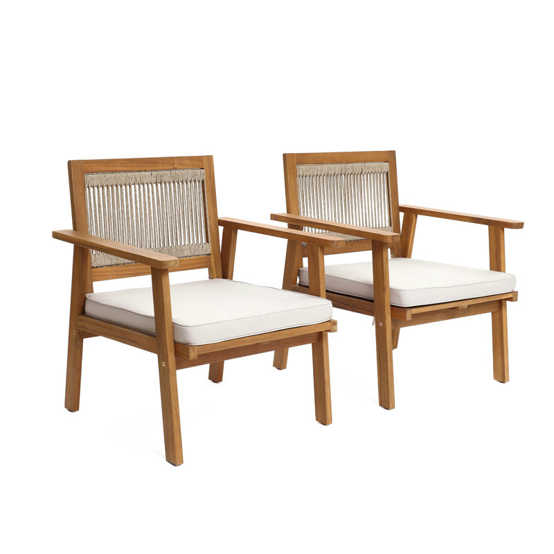 Fauteuils d'extérieur avec dossier en corde d'acacia et coussins, ensemble de 2