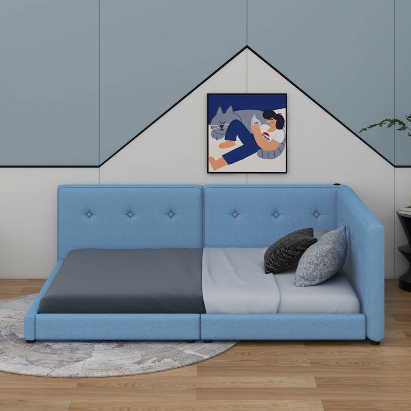 Lit plateforme tapissier avec ports USB, Grand lit