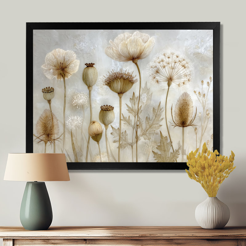 «Morning Sunrise Rays Over Dried Flower Meadows», art mural fleurs blanches sur toile, H 12 po x l 20 po, Cadre photo unique