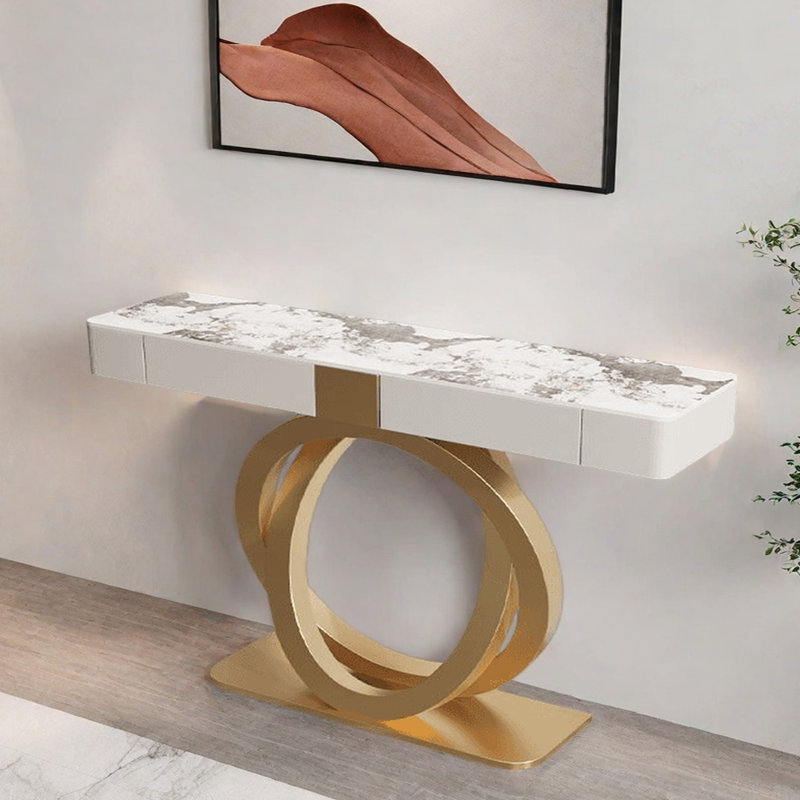 Console Nordic Light Luxury, H 36,2 po x l 39,4 po x P 13,8 po, Blanc cassé, Doré
