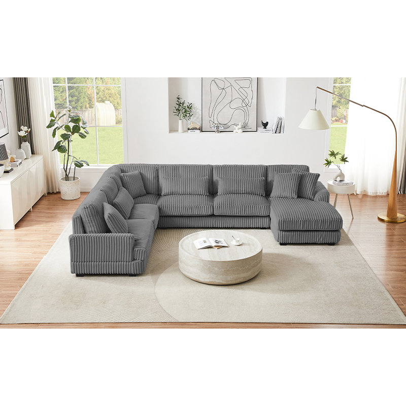 Dark Gray 5 U-Shaped Sectional , Corduroy Upholstery, Chaise Lounge, Frame, Comfortable Seating Ergonomic , And Removable Cushions