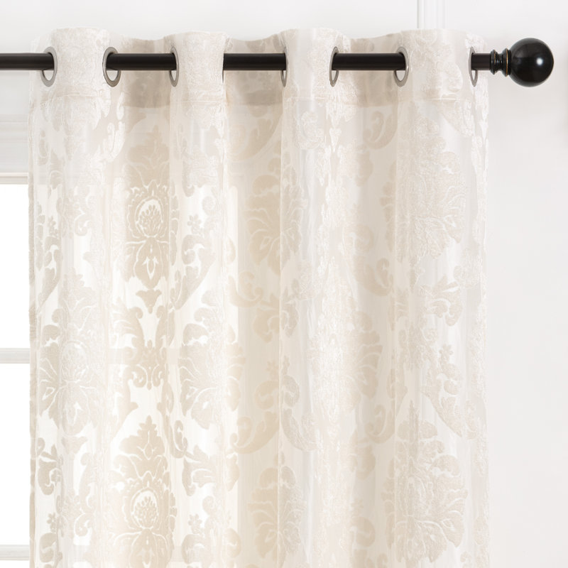 Branca Polyester Damask Semi Sheer Grommet Curtain Panel Set, 52" W x 96" L, Cream