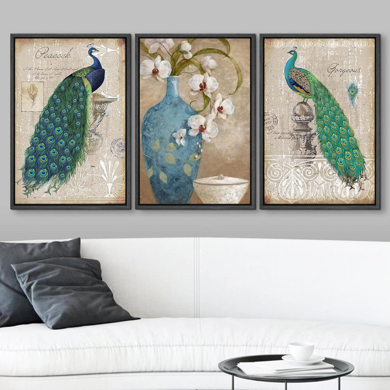 Décoration murale paon Decor, H 24 po x l 48 po, Cadre flottant noir