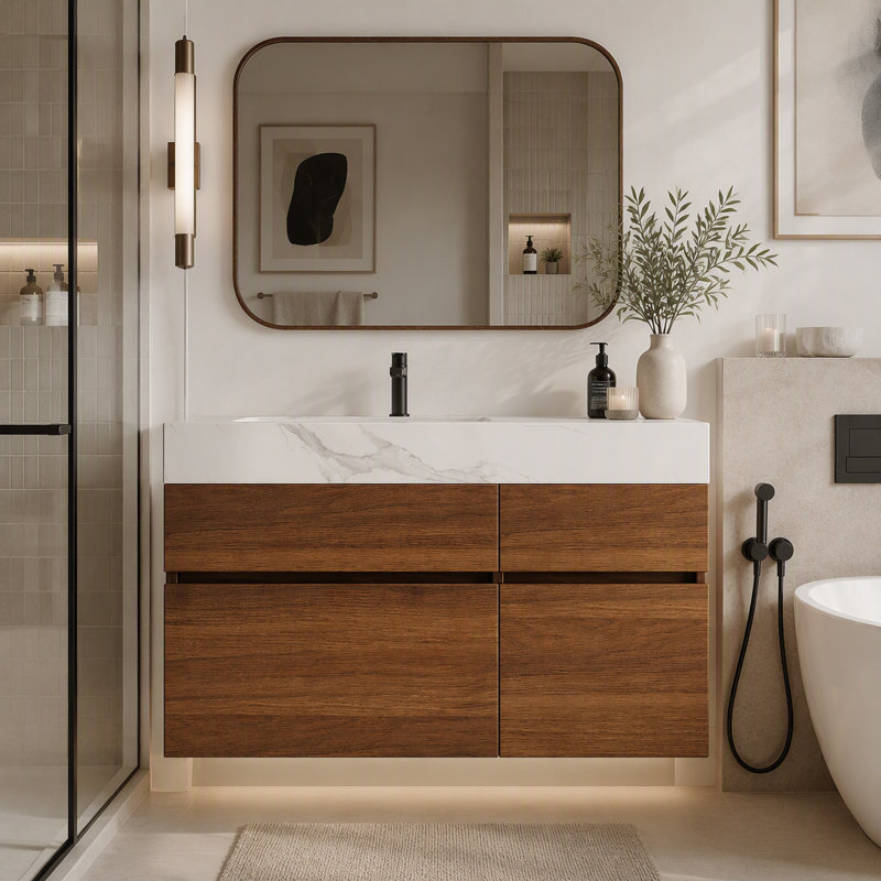 Meuble-lavabo flottant moderne de 36 po avec plateau en pierre frittée et lavabo en céramique