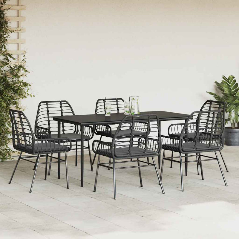 Ensemble repas de patio avec coussins en verre et poly rotin, Noir / Noir, H 29,1 po x l 31,5 po x L 63 po, 6