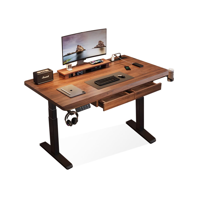 Black Walnut Color + Black Rectangular Hight adjustable Solid Wood + Carbon Steel with 2 drawers desk