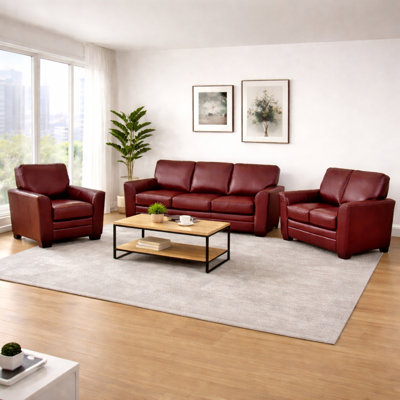 Ensemble de canapé, causeuse et chaise en cuir de qualité supérieure Nadin avec coussins de dossier moelleux de couleur bourgogne
