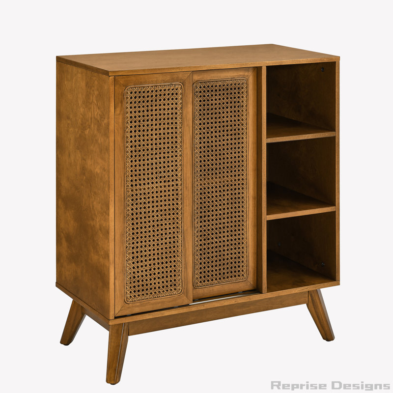 Light Walnut Rattan Sideboard Cabinet with Solid Wood Feet